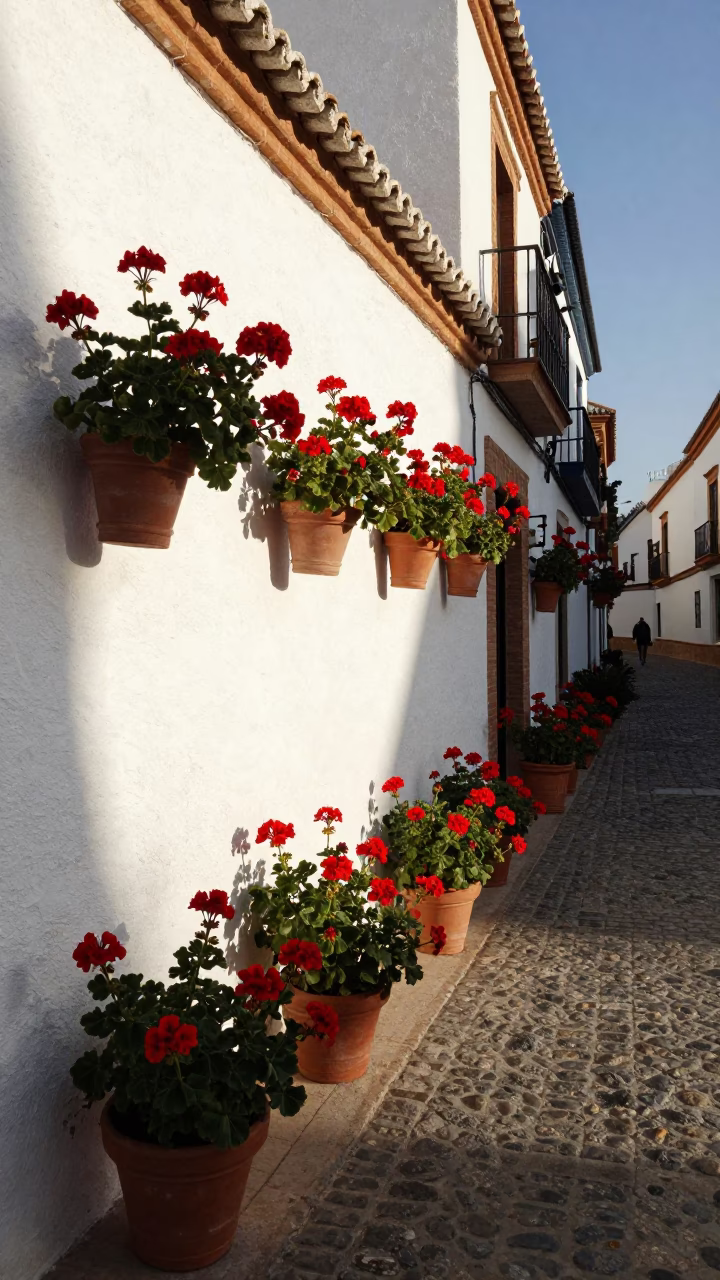 Sunlit Seville Street Scene with Vibrant Geraniums and Traditional Architecture in in Seville, Spain