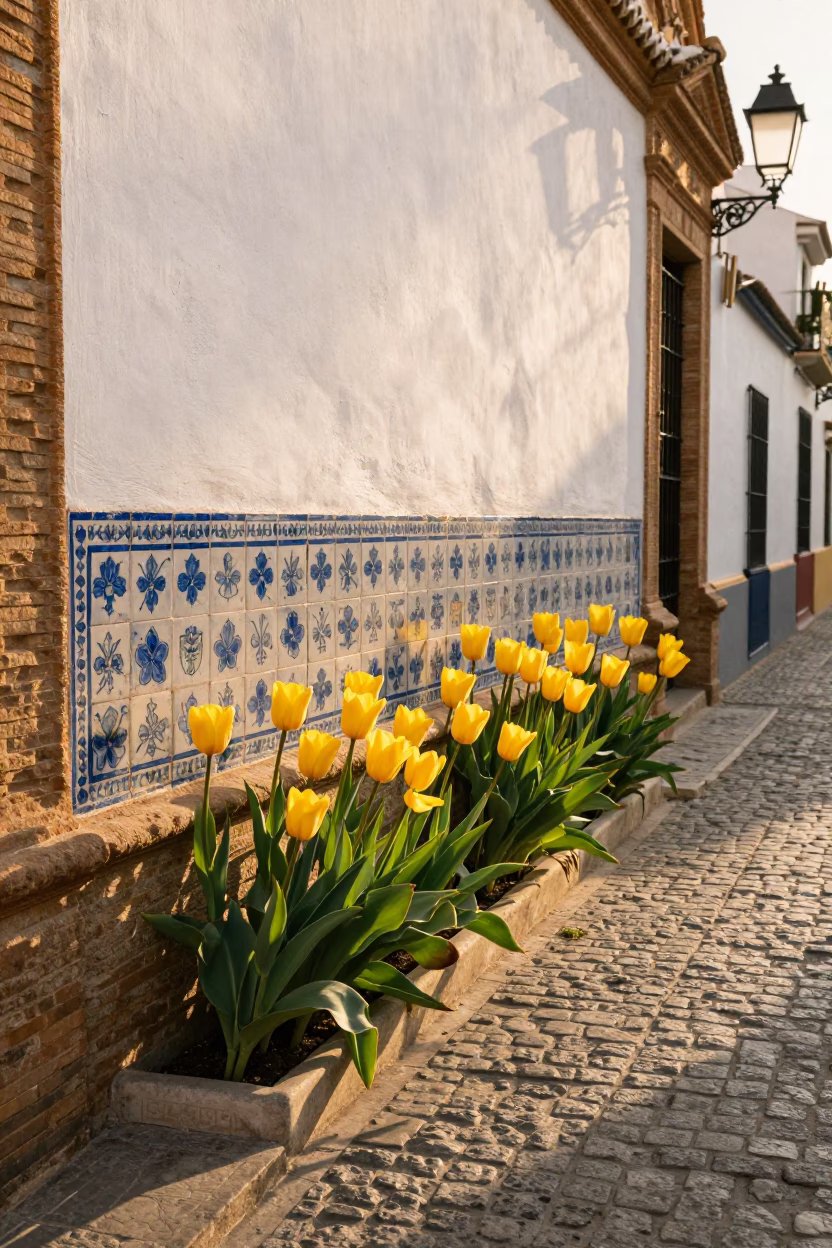 Sunlit Seville Street Scene with Yellow Tulips and Traditional Architecture in in Seville, Spain