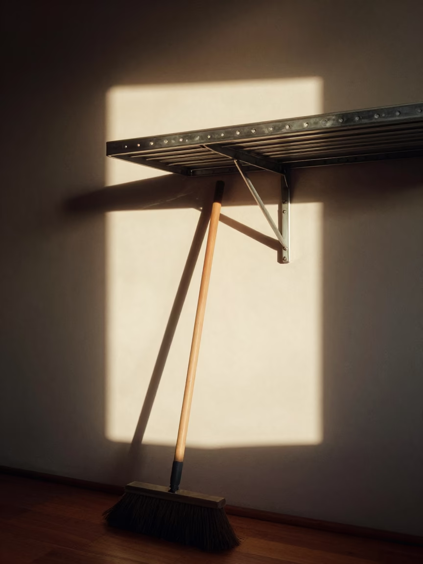 Sunlit Shelf Bracket and Dust Mop in Portland Oregon Early Afternoon Interior in in Portland, Oregon, United States