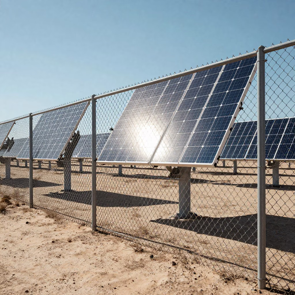 Sunlit Solar Array Perimeter Fence Rattling in Desert Wind Near San Diego Midday in in San Diego, California, United States