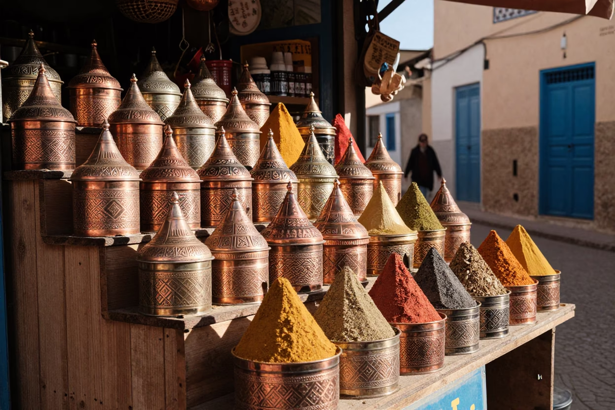 Sunlit Spice Market Stall with Colorful Tins in Essaouira Morocco Afternoon in in Essaouira, Morocco