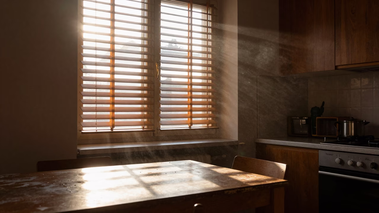 Sunlit Stockholm Apartment Interior with Wooden Slat Window and Morning Coffee Ritual in in Stockholm, Sweden