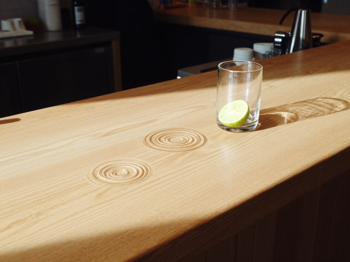 Sunlit Stockholm Cafe Counter with Water Rings and Lime Garnish at Noon in in Stockholm, Sweden