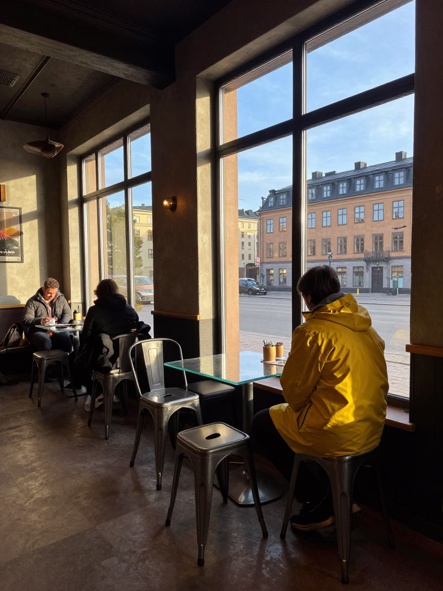 Sunlit Stockholm Cafe Interior with Metal Stools and Glass Tabletop Near Royal Palace in in Stockholm, Sweden