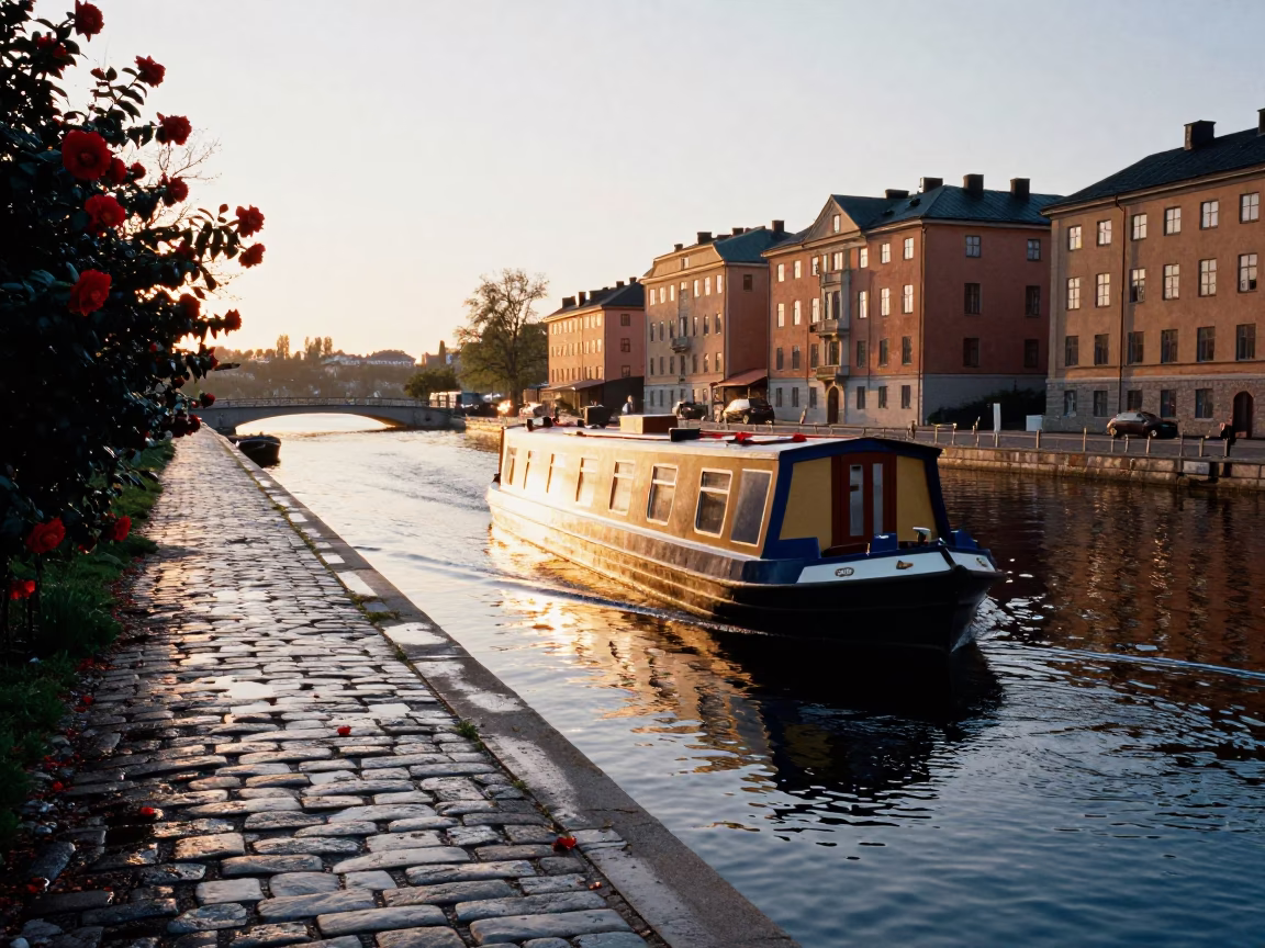 Sunlit Stockholm Canal Scene with Narrowboat and Red Camellia Blooms in in Stockholm, Sweden