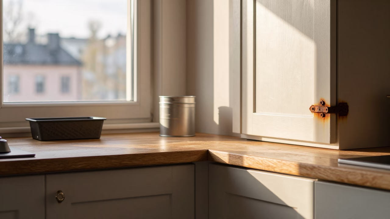 Sunlit Stockholm Kitchen Counter with Rusty Hinges and Morning Light in in Stockholm, Sweden