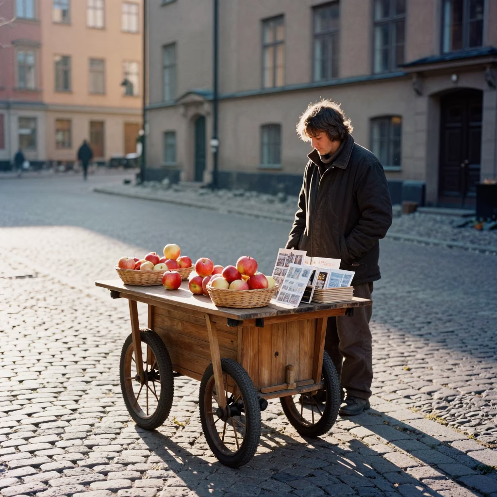 Sunlit Stockholm Street Corner with Apples and Postcards in Morning Light in in Stockholm, Sweden