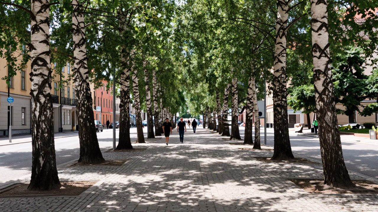 Sunlit Stockholm Street Scene with Birch Trees and Pedestrians at Midday in in Stockholm, Sweden