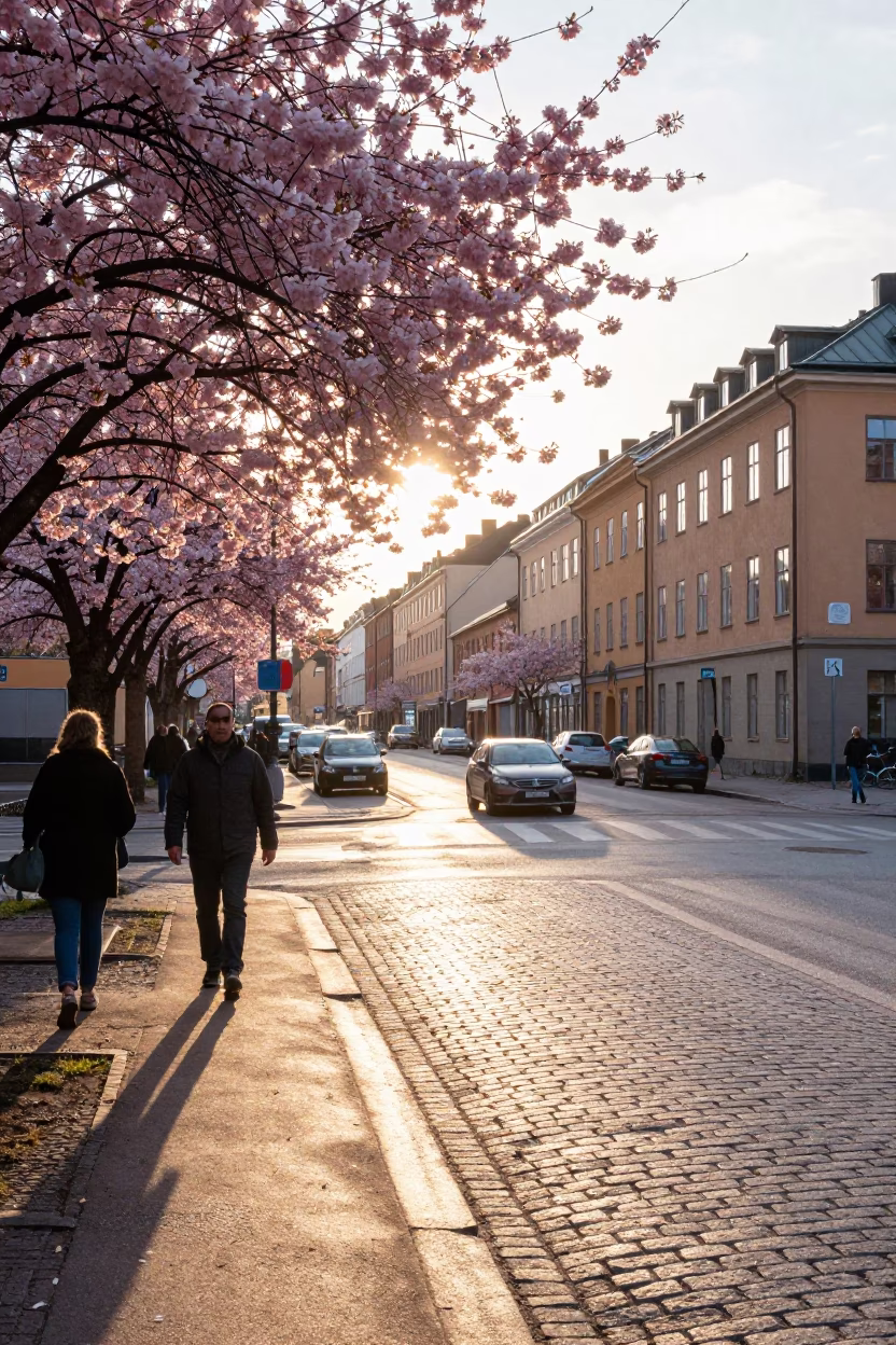 Sunlit Stockholm Street Scene with Cherry Blossoms and Morning Commuters in in Stockholm, Sweden