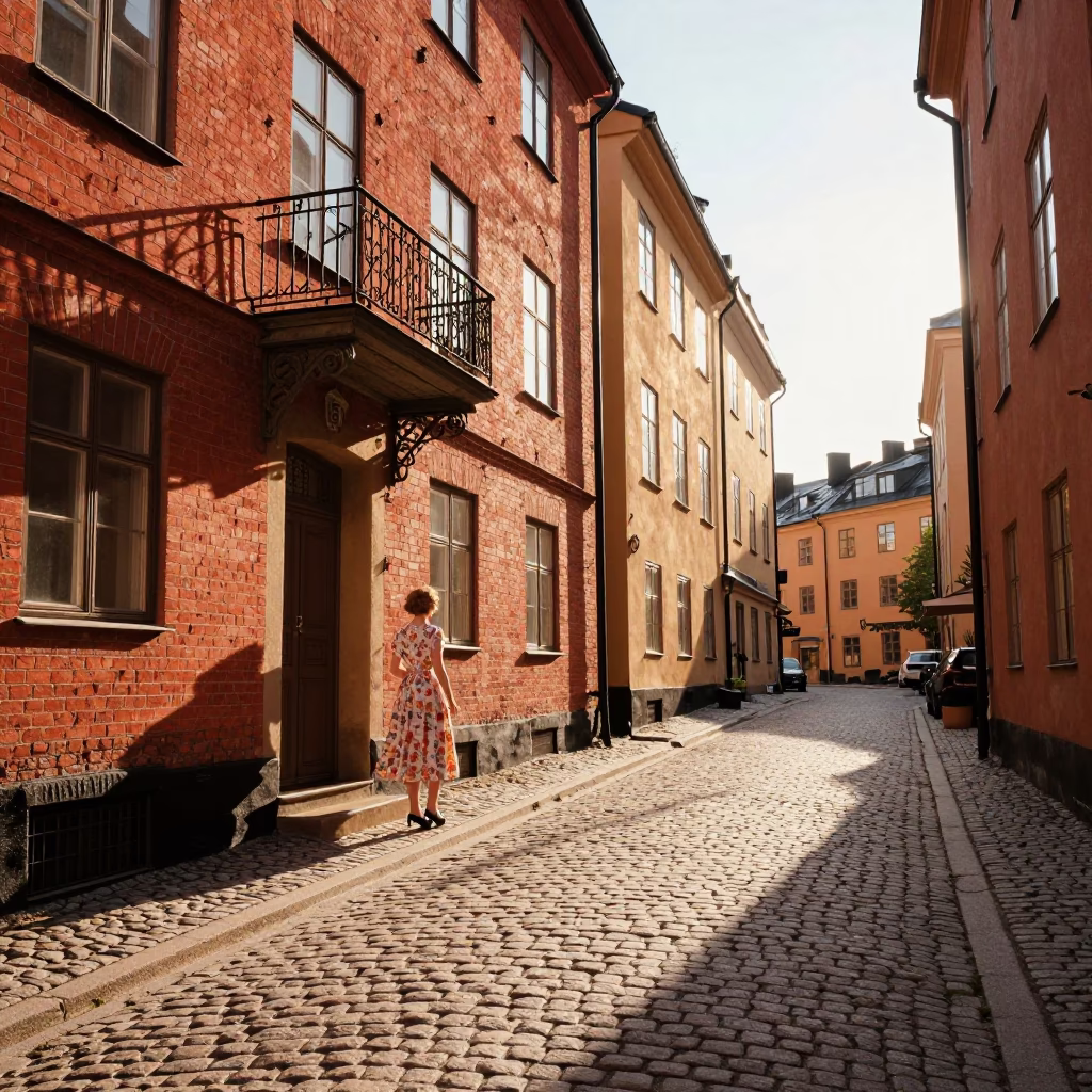 Sunlit Stockholm Street Scene with Vintage 1960s Aesthetic and Local Details in in Stockholm, Sweden