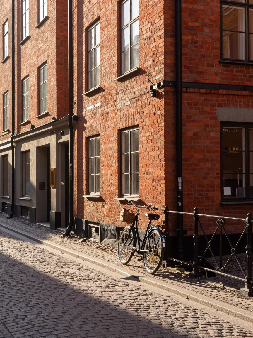 Sunlit Stockholm Street Scene with Vintage Bicycle and Brick Facades at Dawn in in Stockholm, Sweden