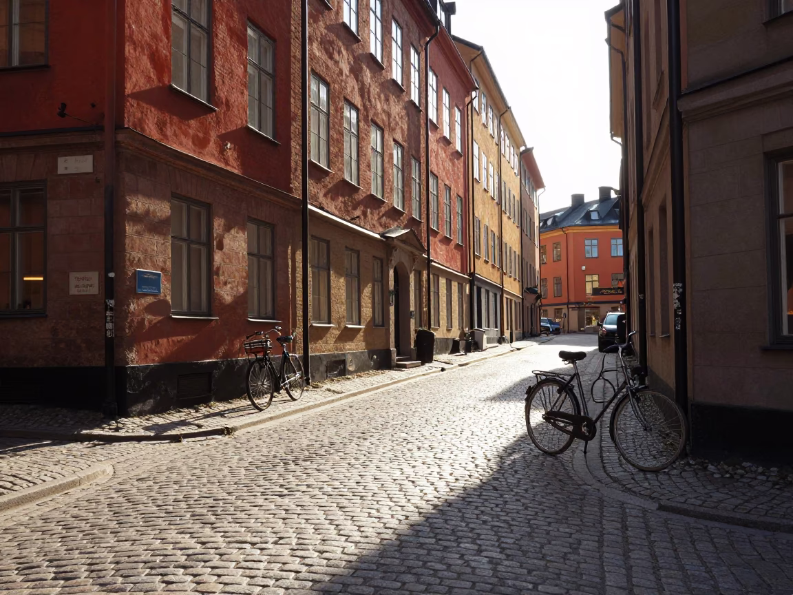 Sunlit Stockholm Street Scene with Vintage Bicycle and Metal Bucket Near Cobblestone Pavement in in Stockholm, Sweden