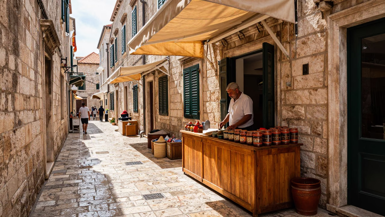 Sunlit Stone Alleyway in Dubrovnik Croatia with Local Vendor and Traditional Pottery in in Dubrovnik, Croatia