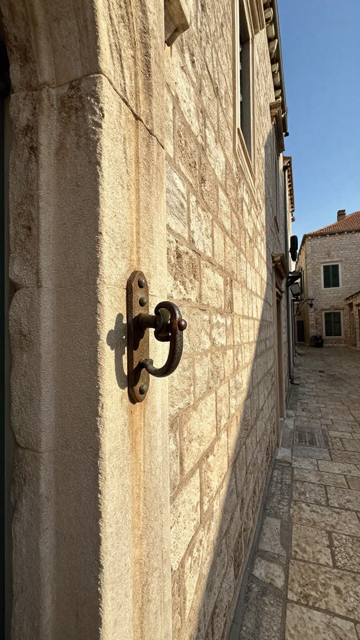Sunlit Stone Alleyway in Dubrovnik Croatia with Weathered Gate Handle and Brushed Steel Wall in in Dubrovnik, Croatia