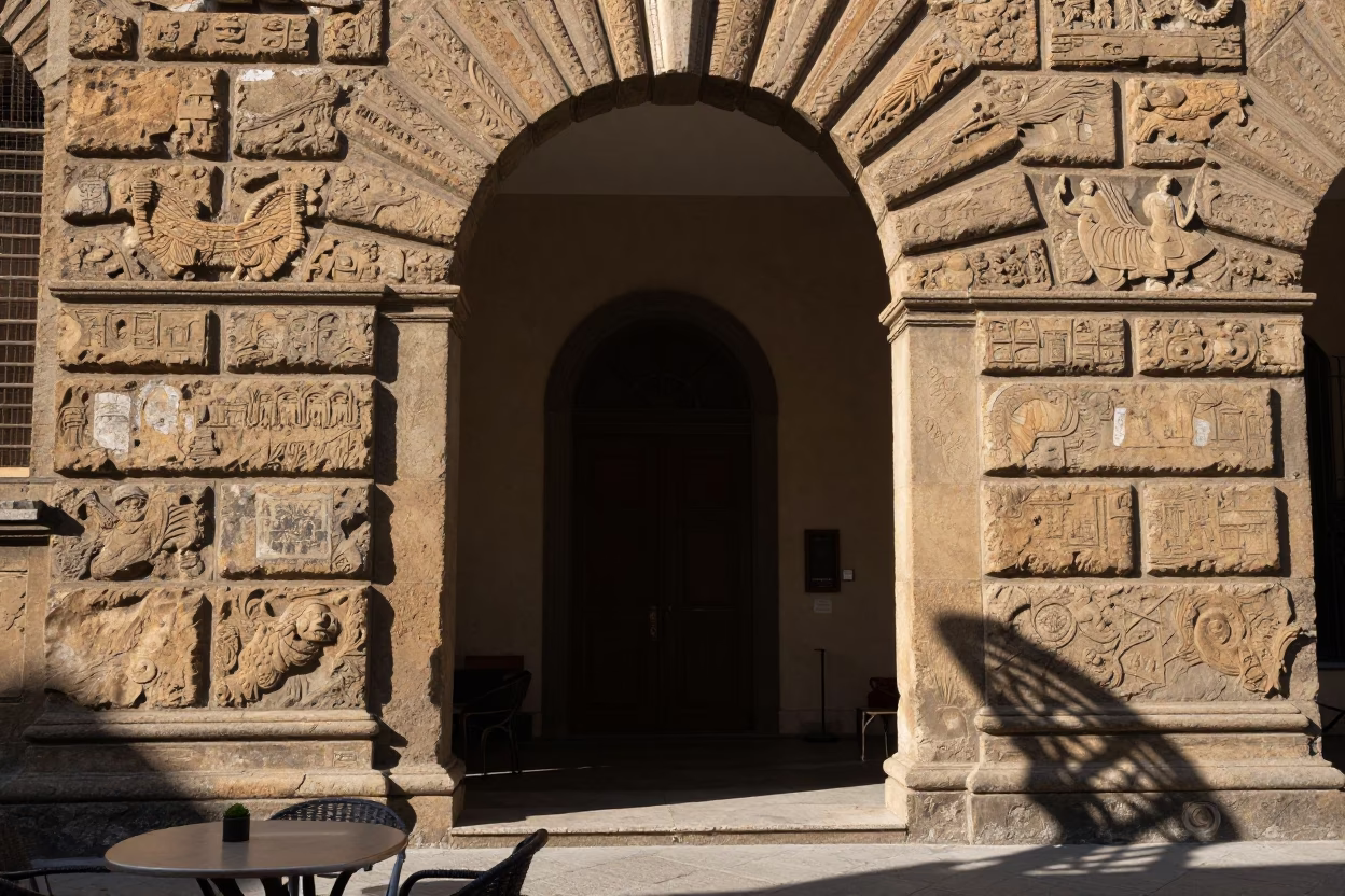Sunlit Stone Archway and Wicker Shadow on Saucer in Florence Midday Street Scene in in Florence, Italy