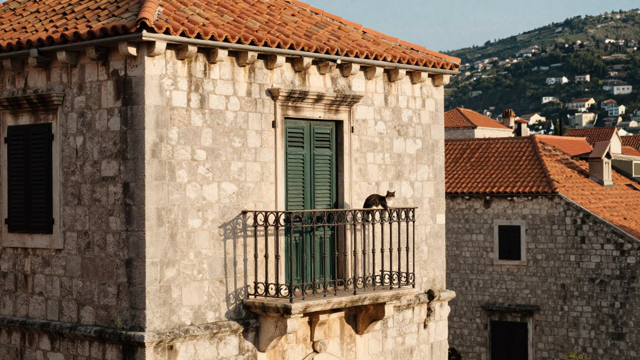 Sunlit Stone Balcony in Dubrovnik Croatia with Cat and Morning Light in in Dubrovnik, Croatia