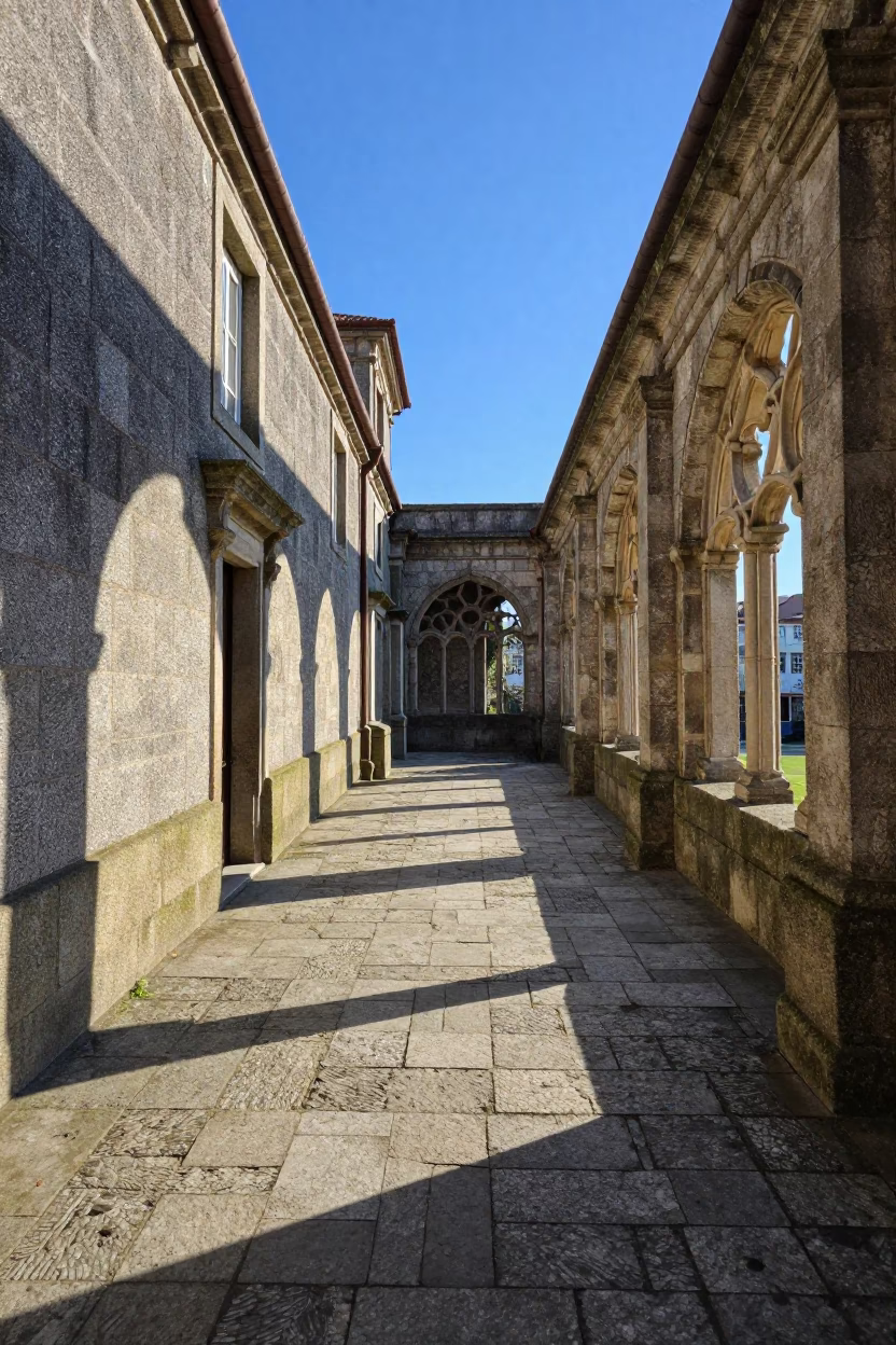 Sunlit Stone Cloister Walkway in Historic Porto Portugal Late Afternoon in in Porto, Portugal