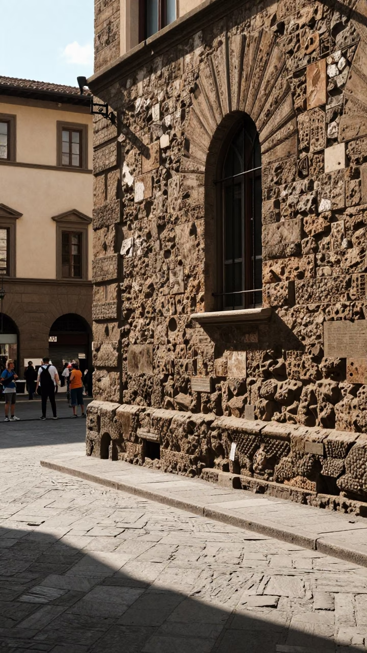 Sunlit Stone Facade and Cobblestone Street in Historic Florence Italy at Midday in in Florence, Italy