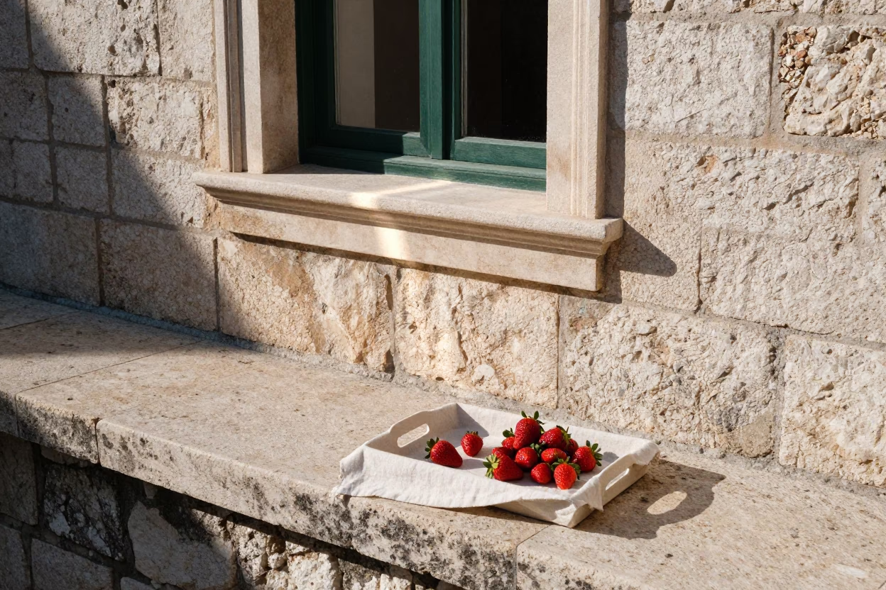 Sunlit Stone Terrace in Dubrovnik Croatia with Linen Tray and Strawberries in in Dubrovnik, Croatia