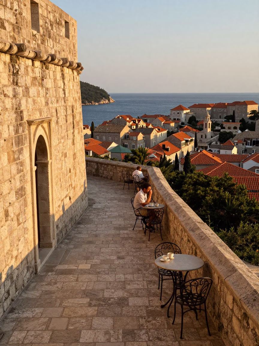 Sunlit Stone Terrace in Dubrovnik Croatia with Morning Coffee and Local Breakfast in in Dubrovnik, Croatia