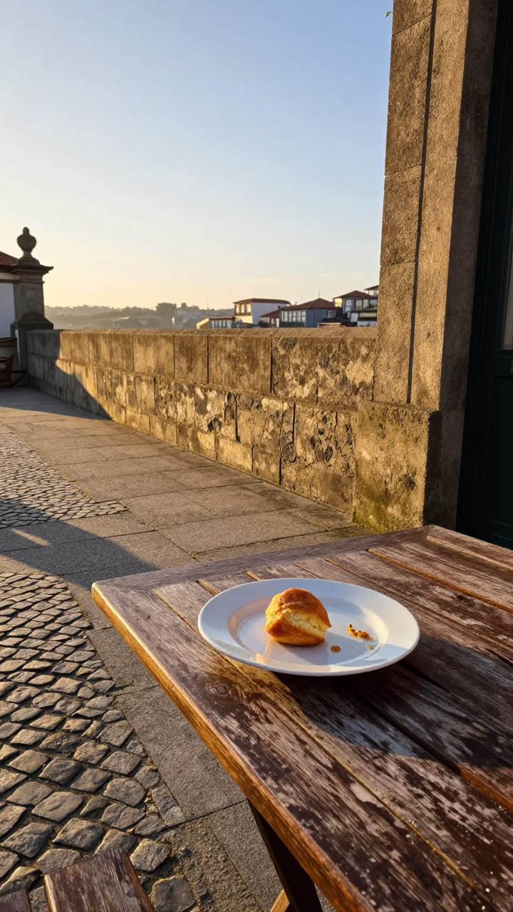 Sunlit stone terrace in Porto with breakfast items and morning light in in Porto, Portugal