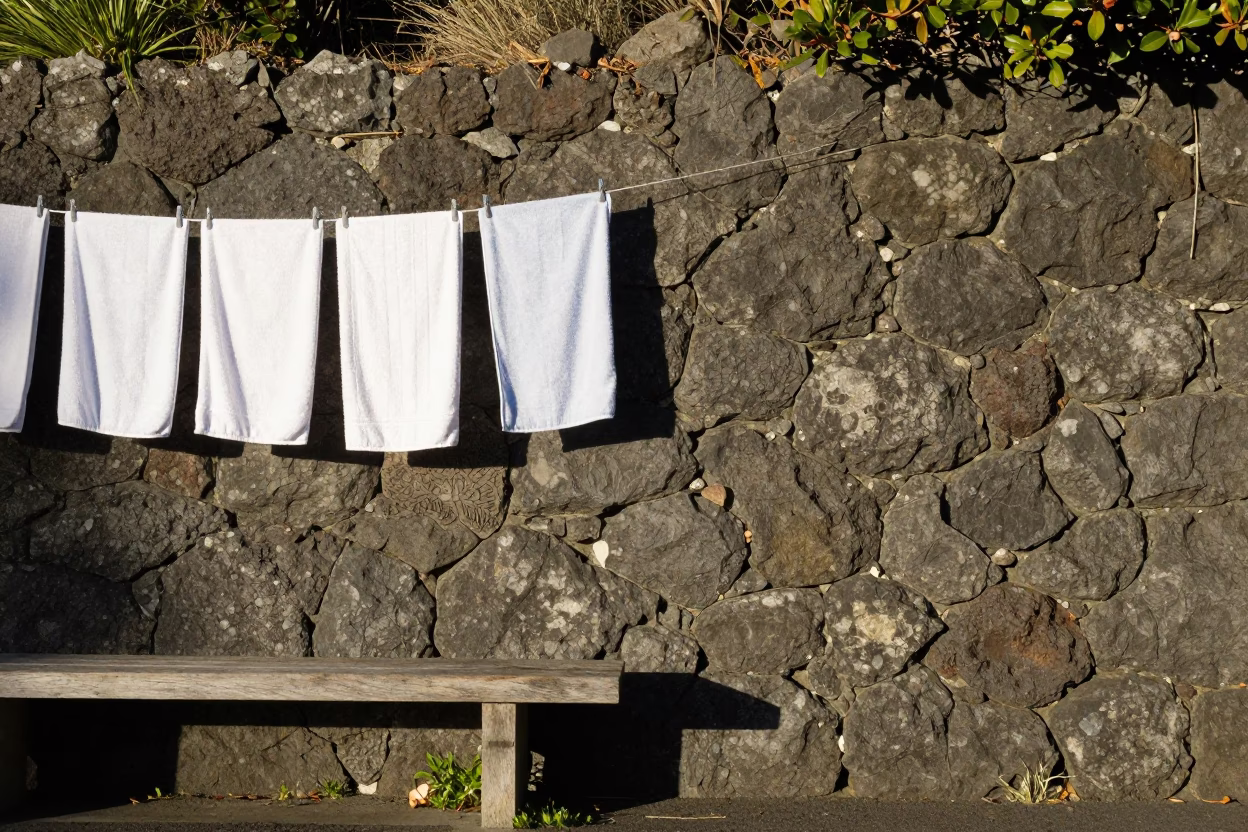 Sunlit Stone Wall and Drying Towels in Christchurch Afternoon in in Christchurch, New Zealand