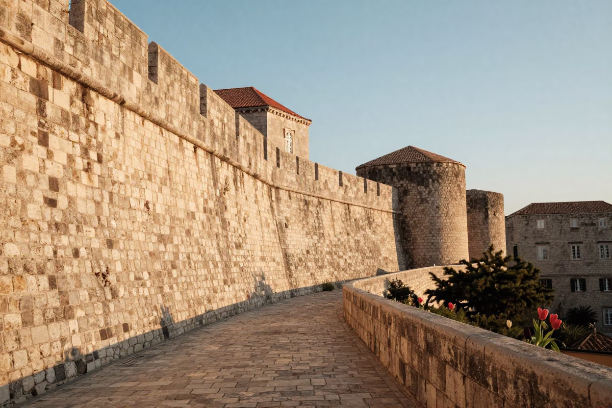 Sunlit Stone Walls and Tulips in Dubrovnik Croatia Morning Light in in Dubrovnik, Croatia