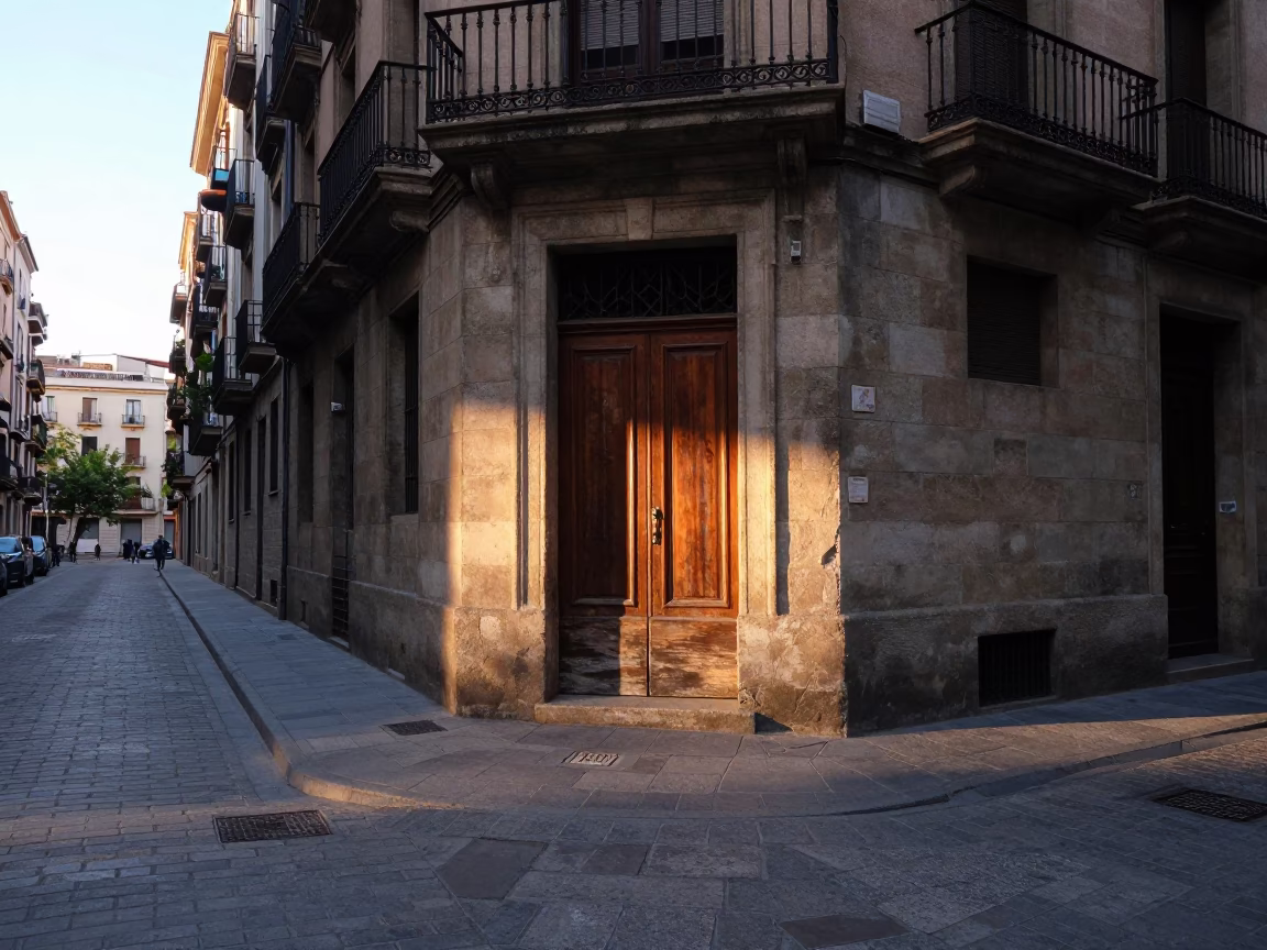 Sunlit Street Corner in Barcelona Spain Early Morning Light on Stone Facade in in Barcelona, Spain