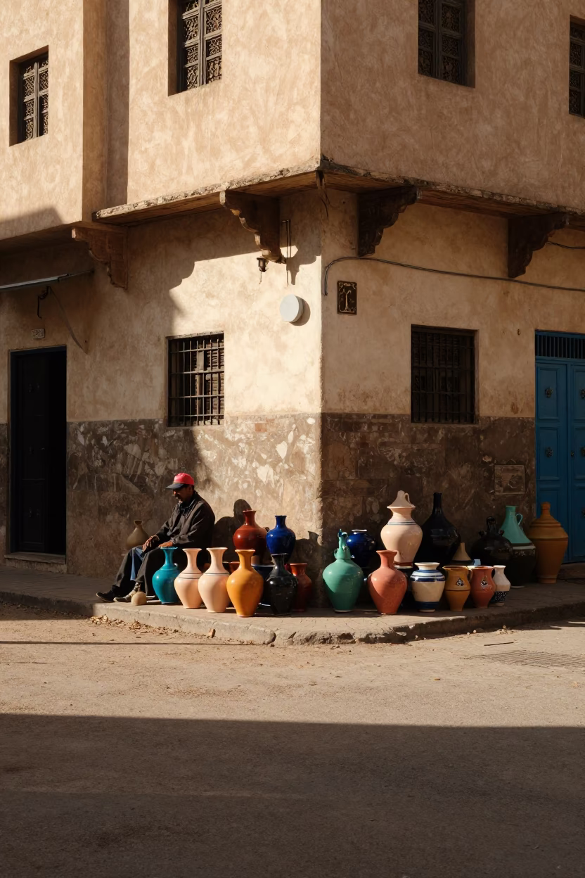 Sunlit Street Corner in Casablanca Morocco Early Afternoon Pottery Wares and Daily Life in in Casablanca, Morocco