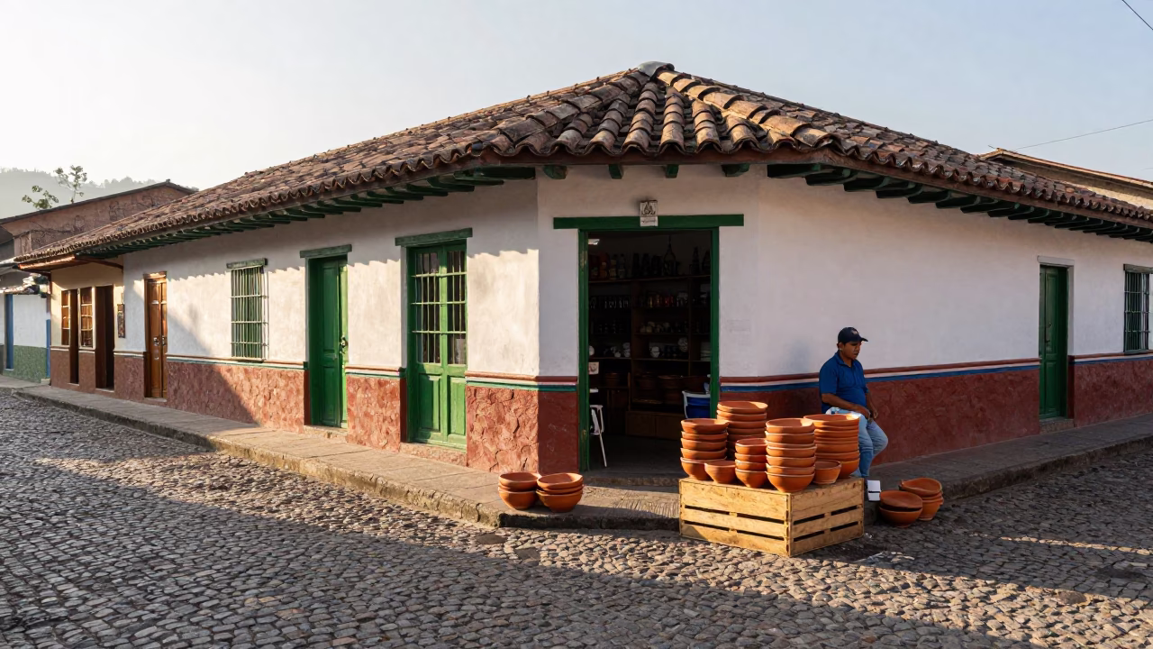 Sunlit Street Corner in Medellin Colombia with Terracotta Bowls and Cobblestone Reflections in in Medellin, Colombia