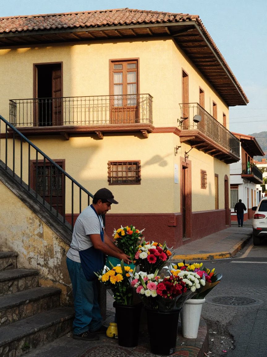 Sunlit street corner in Medellin with flower vendor and worn stair rail in in Medellin, Colombia