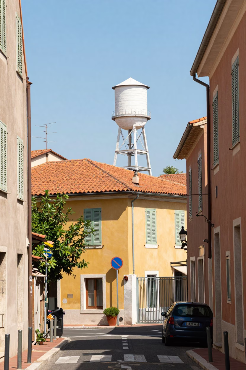 Sunlit Street Corner in Nice France with Water Tower and Local Life in in Nice, France