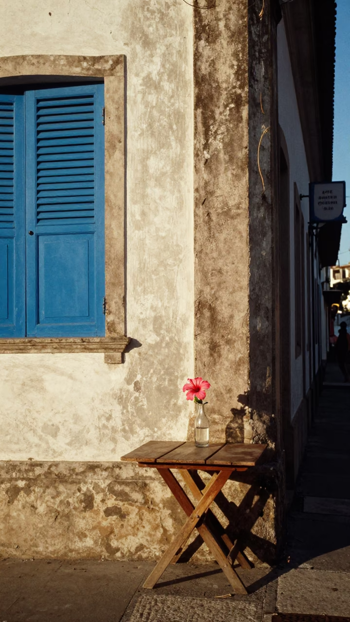 Sunlit Street Corner in Salvador Brazil with Hibiscus Flower and Glass Vase in in Salvador, Brazil
