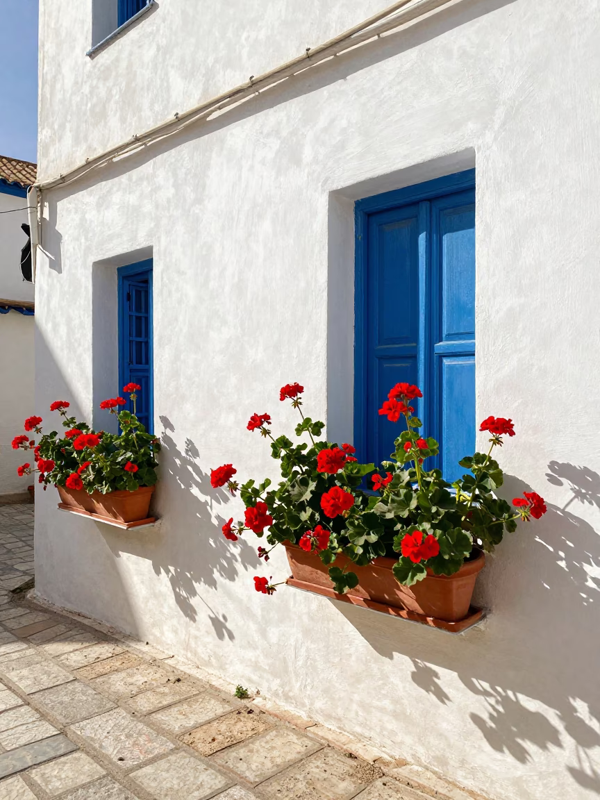 Sunlit Street Corner in Tunis Tunisia with Window Boxes and Geraniums in in Tunis, Tunisia