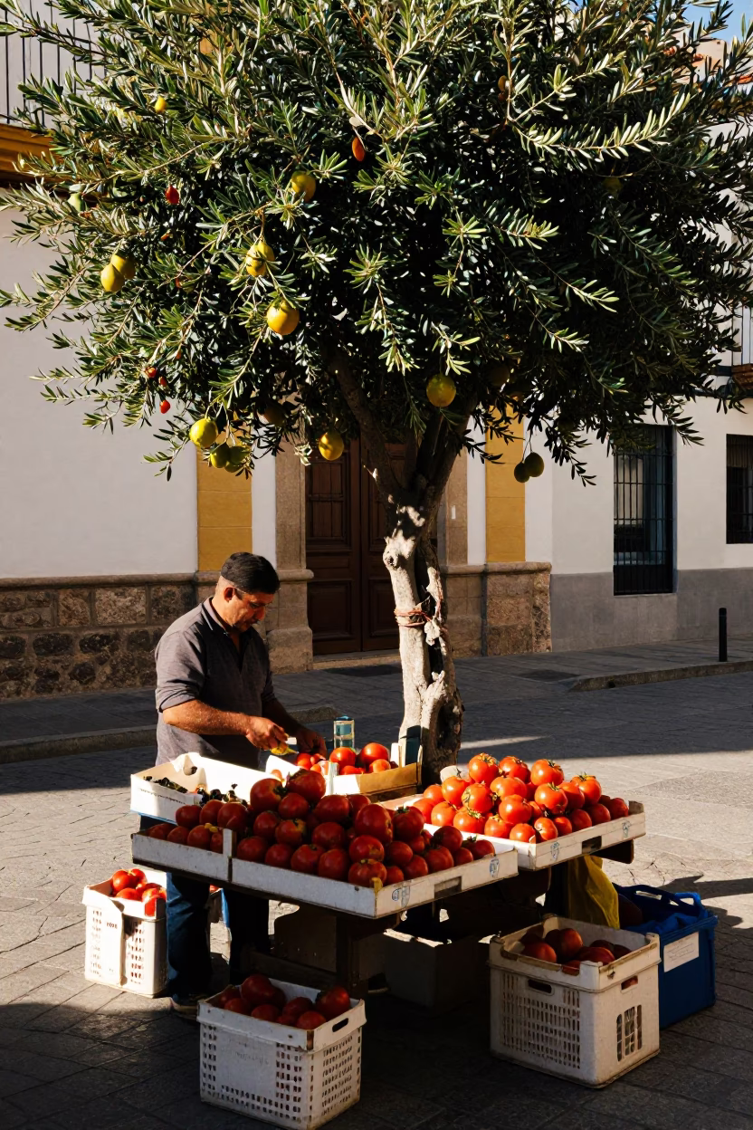 Sunlit Street Corner in Valencia Spain with Olive Tree and Fruit Vendor in in Valencia, Spain