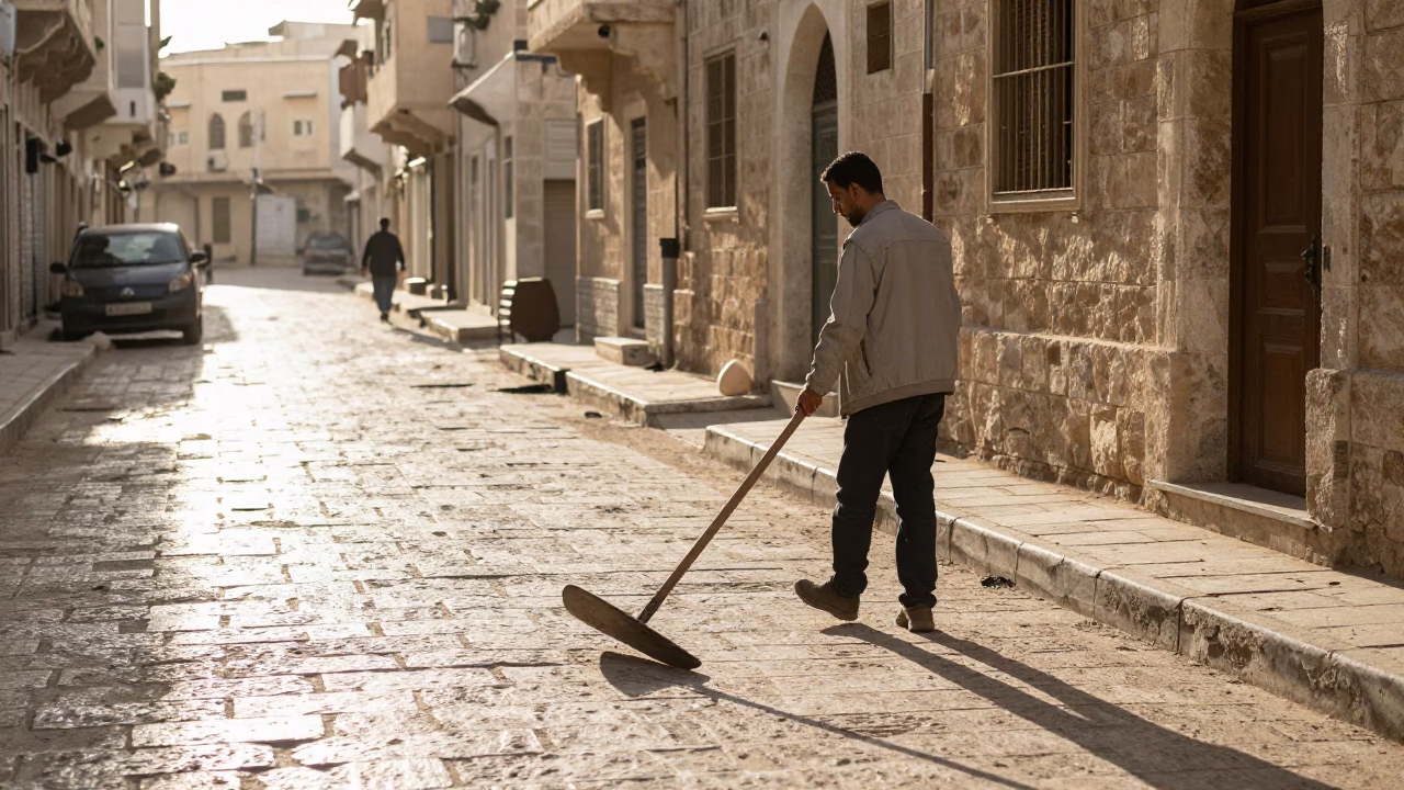 Sunlit Street Scene in Amman Jordan with Traditional Boot Scraper and Local Commerce in in Amman, Jordan