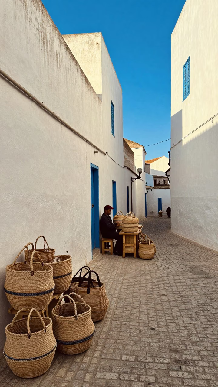Sunlit Street Scene in Essaouira Morocco with Woven Baskets and Scuffed Painted Wood Facades in in Essaouira, Morocco