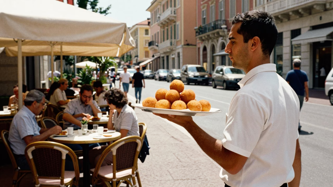 Sunlit Street Scene in Nice France with Outdoor Cafe and Pedestrians in in Nice, France