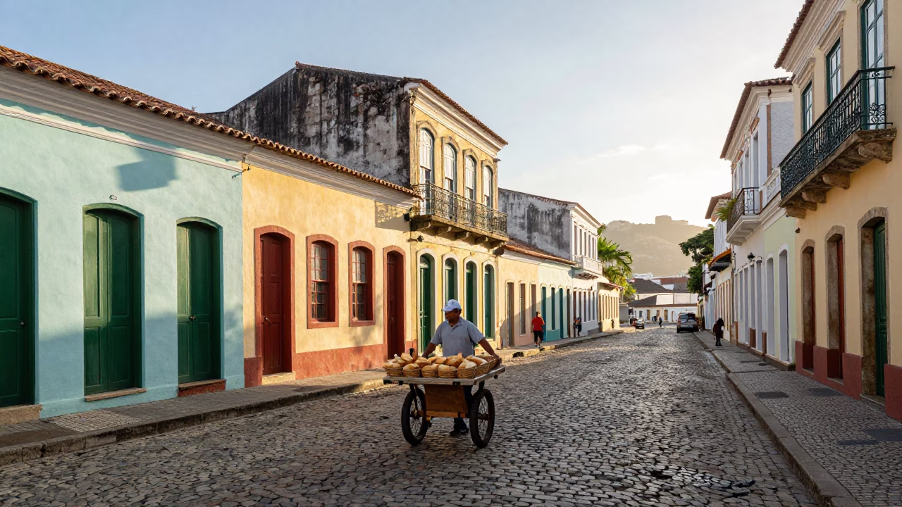 Sunlit Street Scene in Rio de Janeiro Brazil with Colorful Facades and Local Life in in Rio de Janeiro, Brazil