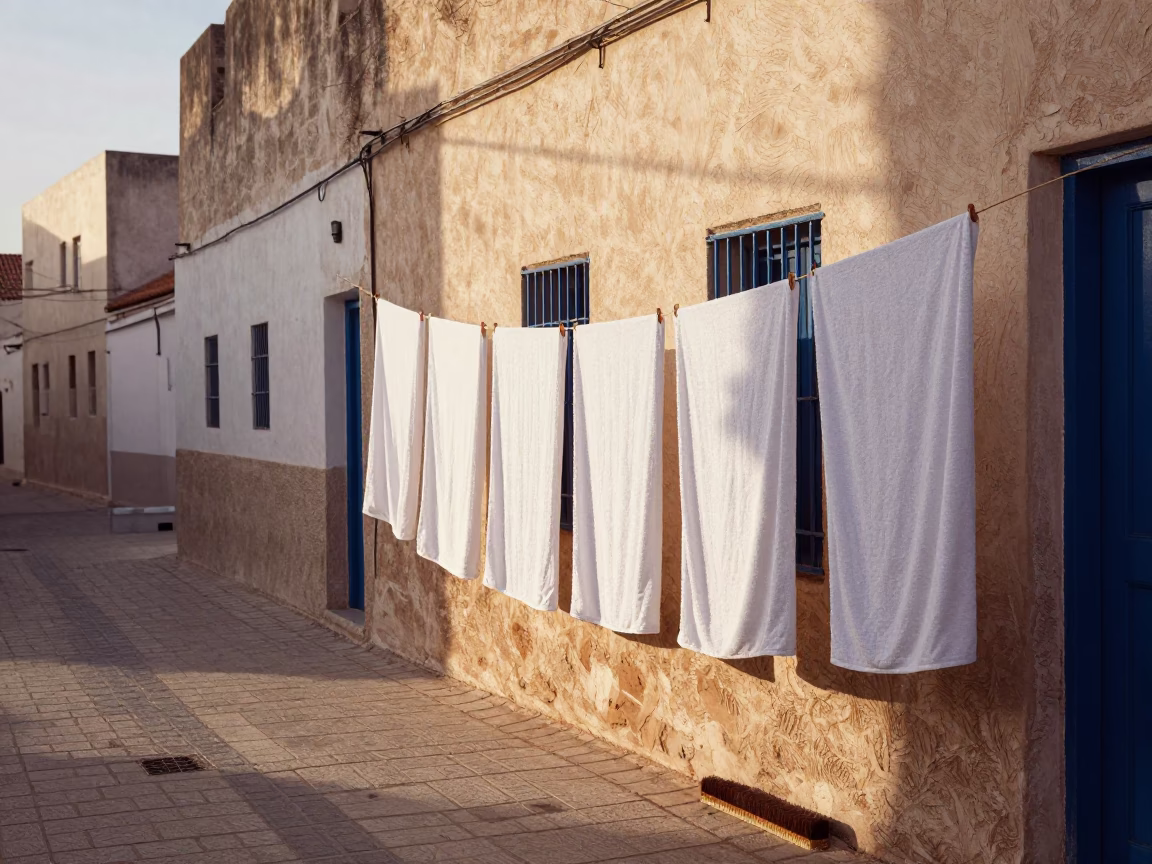 Sunlit Street Scene in Tunis Tunisia with Drying Towels and Brushed Steel Bench in in Tunis, Tunisia