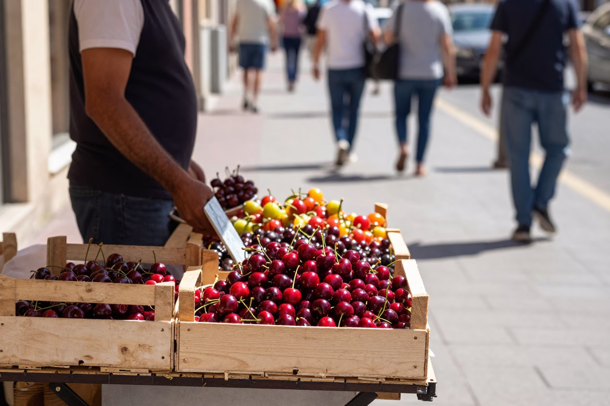 Sunlit street vendor in Nice France selling fresh cherries under noon glare in in Nice, France