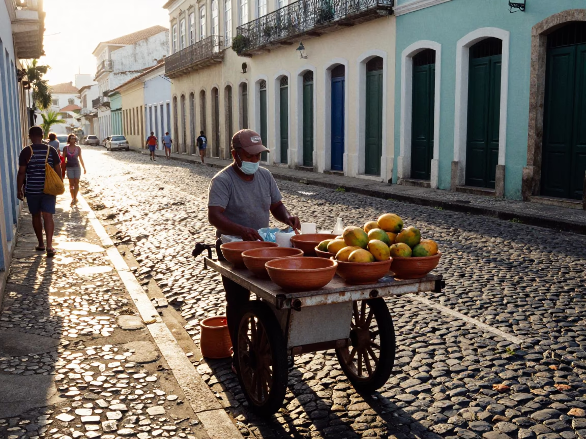 Sunlit Street Vendor in Salvador Brazil with Terracotta Bowls and Mango Lassi in in Salvador, Brazil
