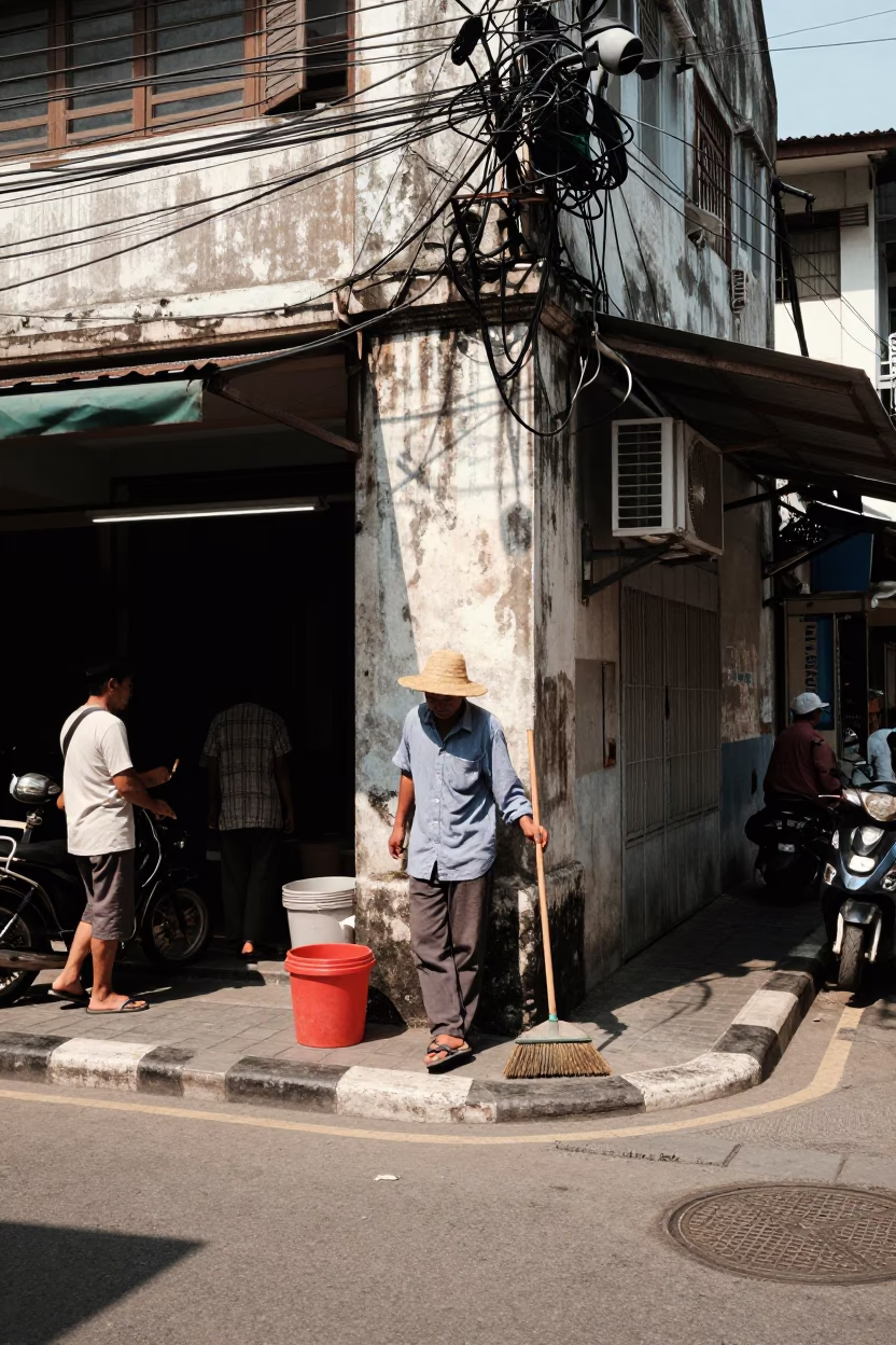 Sunlit Surabaya Street Corner with Hand Broom and Bucket Near Traditional Market Stall in in Surabaya, Indonesia