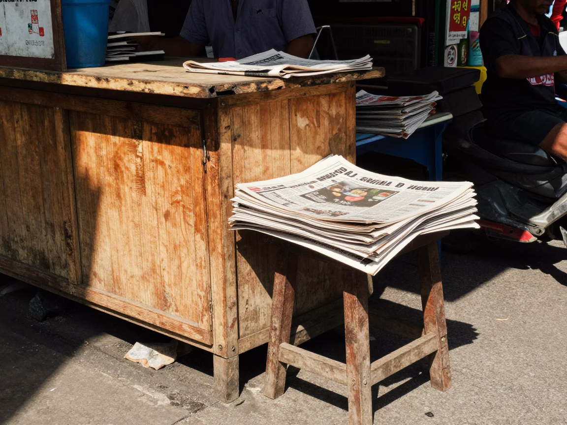 Sunlit Surabaya Street Corner with Scuffed Wood and Newspaper Stack in in Surabaya, Indonesia