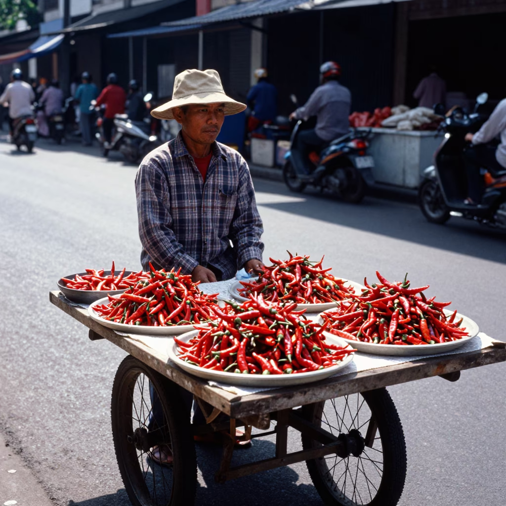 Sunlit Surabaya Street Vendor Selling Fresh Red Chili Peppers at Midday in in Surabaya, Indonesia