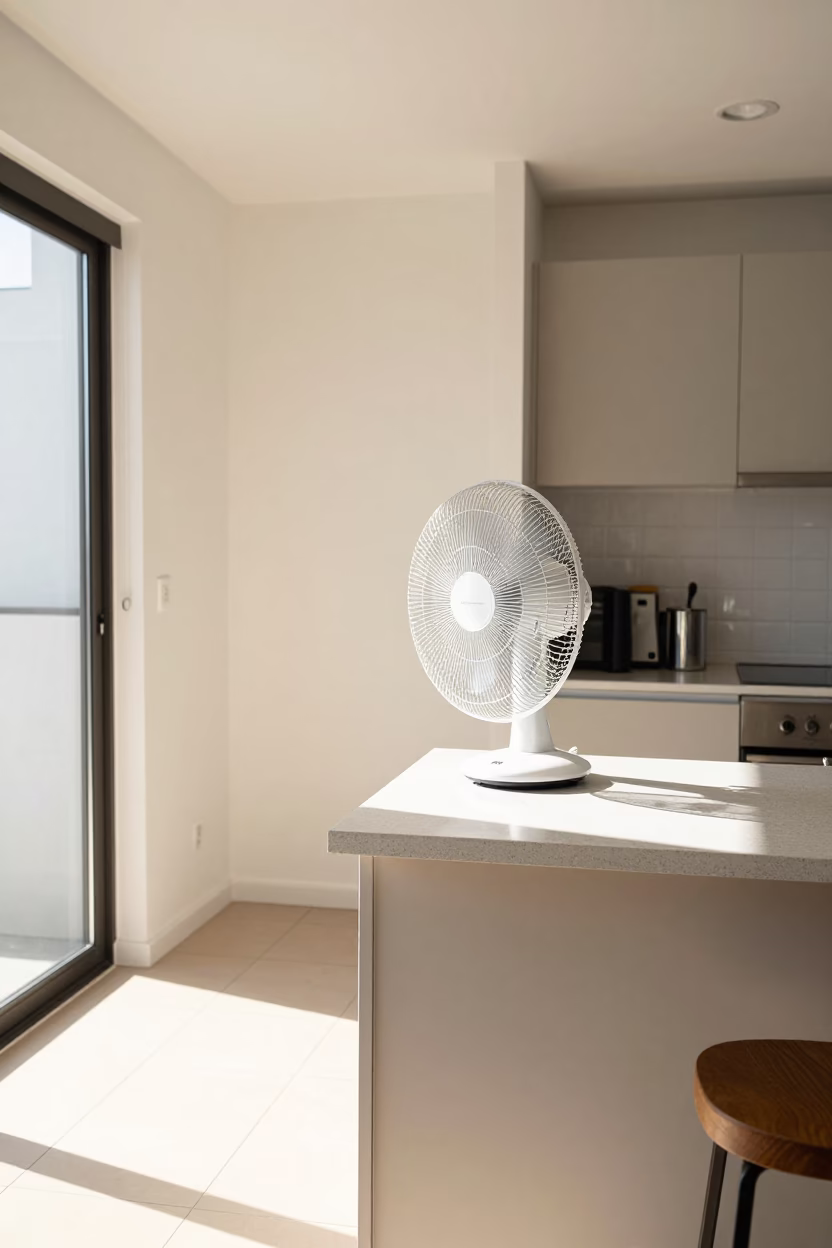 Sunlit Sydney Apartment Interior with Table Fans and Kitchen Utensils in in Sydney, New South Wales, Australia
