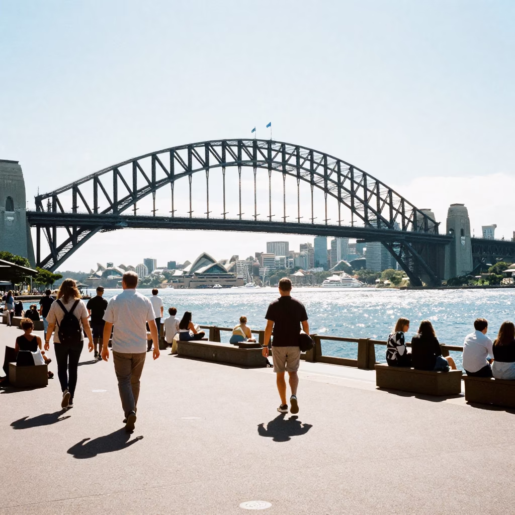 Sunlit Sydney Harbour Bridge and Circular Quay Wharf with Clipboard and Baguettes in in Sydney, New South Wales, Australia
