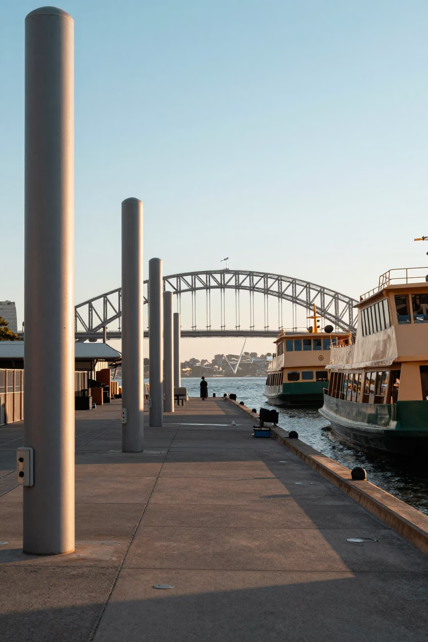 Sunlit Sydney Harbour Bridge Pylons and Ferry Wharf Morning Commute in in Sydney, New South Wales, Australia