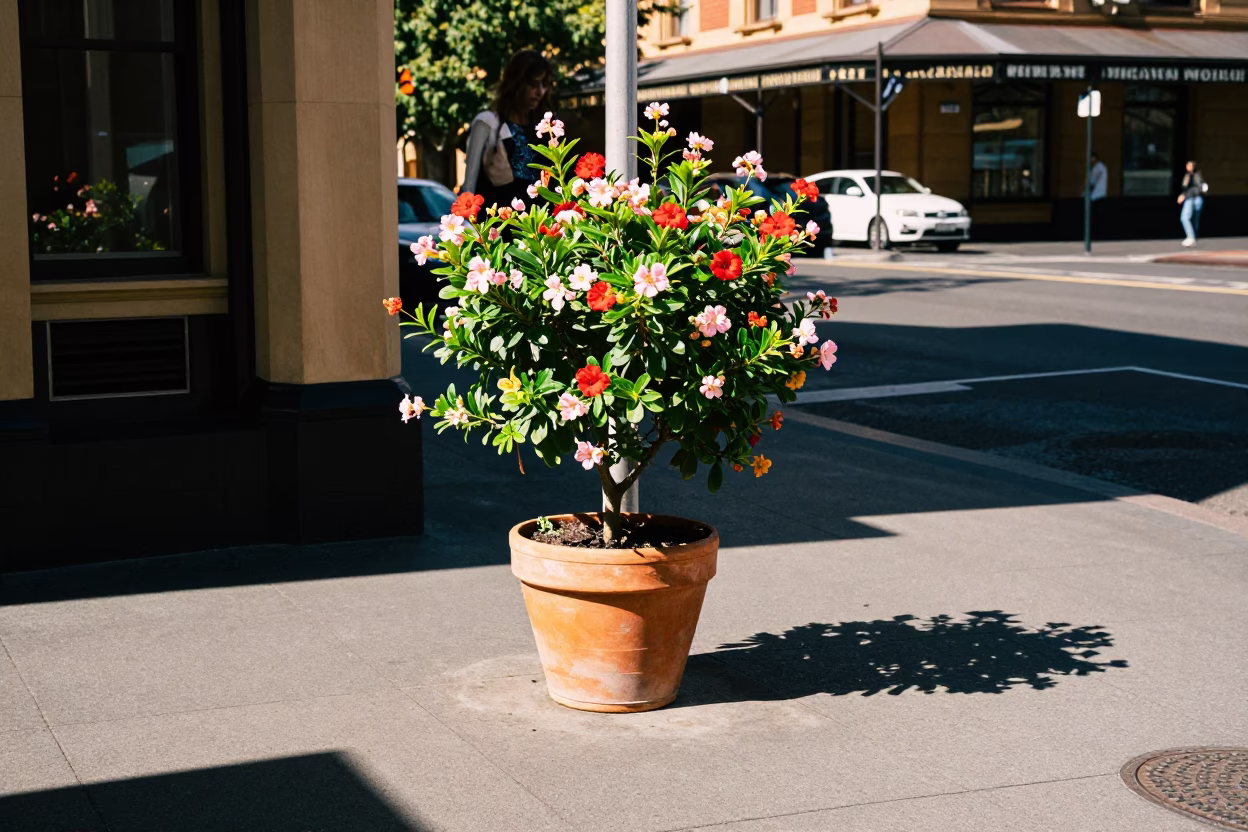 Sunlit Sydney Street Corner with Flowering Plant and Vintage Chair in Midday Light in in Sydney, New South Wales, Australia