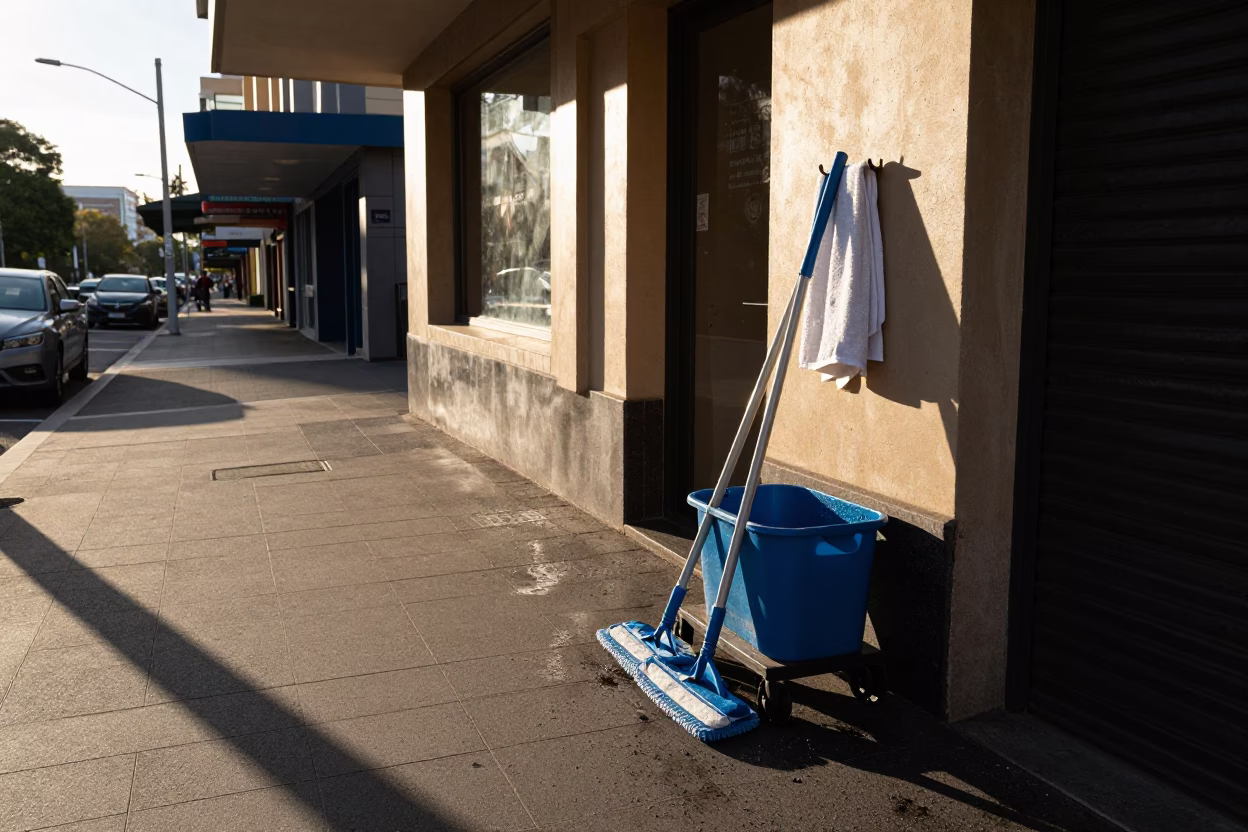 Sunlit Sydney Street Corner with Mops and Towel Hook Near Harbour Bridge in in Sydney, New South Wales, Australia